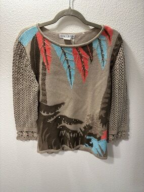 Nancy Bolen Taupe Knit Top with Coral & Turquoise Feather Motif